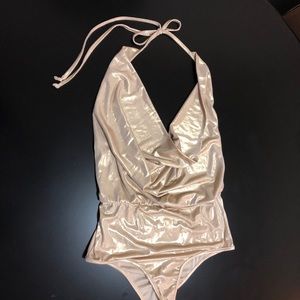 Gold Cowl Neck Backless Bodysuit